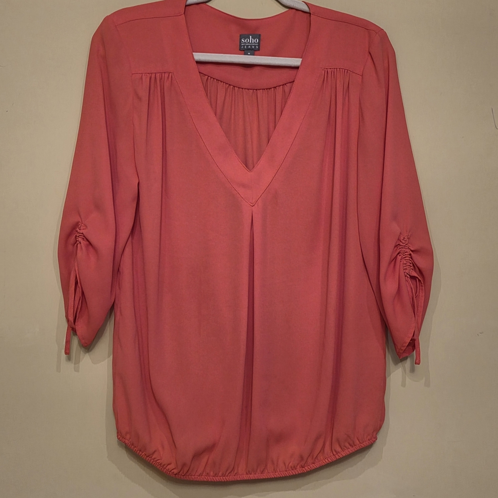 Soho NY & Co Jeans Coral V-Neck Blouse Size M